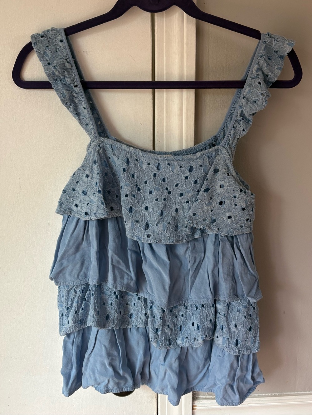 J.O.A. Light Blue Tiered Eyelet Ruffle Tank Top